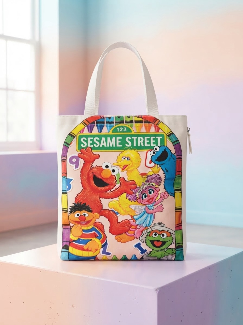 Sesame Street Kids Tote Bag - White with Multicolor Character Art